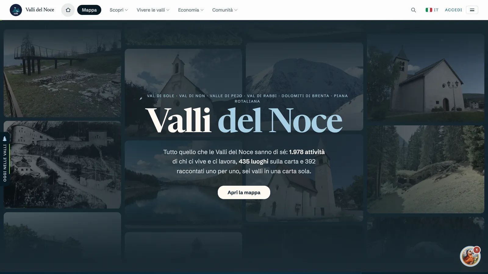 La home di Valli del Noce: il mosaico di fotografie delle valli, il nome delle sei valli e il bottone per aprire la mappa.