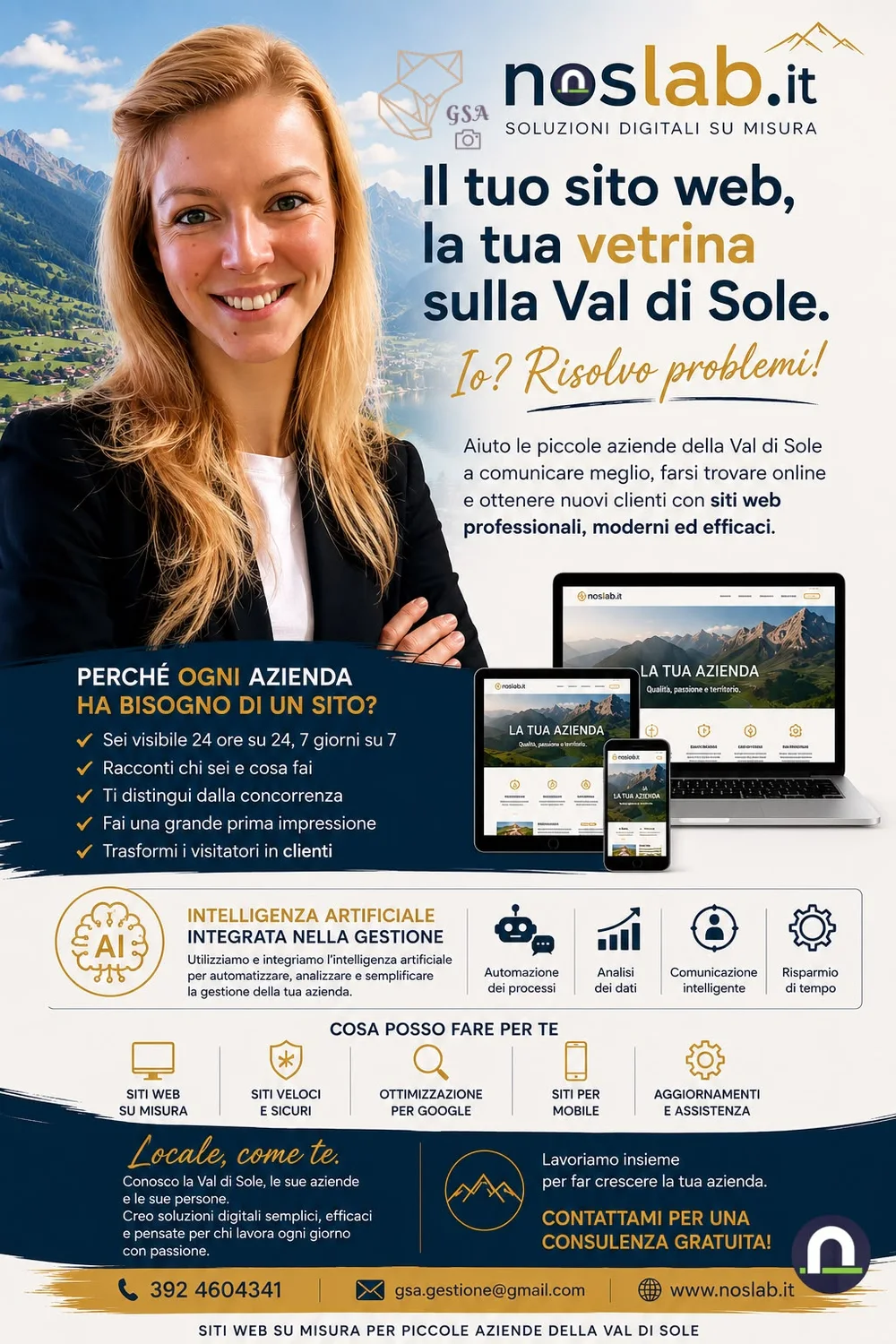 Plakat von GSA, gemeinsam gebrandet mit noslab.it: Simona Adele Grassi vor dem Val di Sole, mit ihrem Leistungsangebot und der Nummer für ein kostenloses Beratungsgespräch