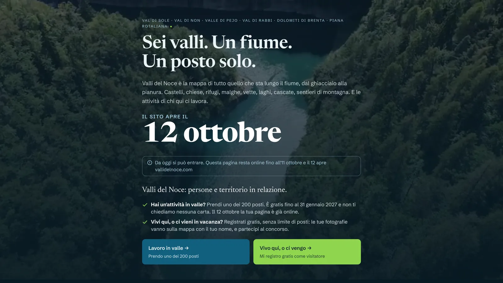 La pagina di prelancio di Valli del Noce: il fiume fra i boschi, il nome delle sei valli e la data di apertura.